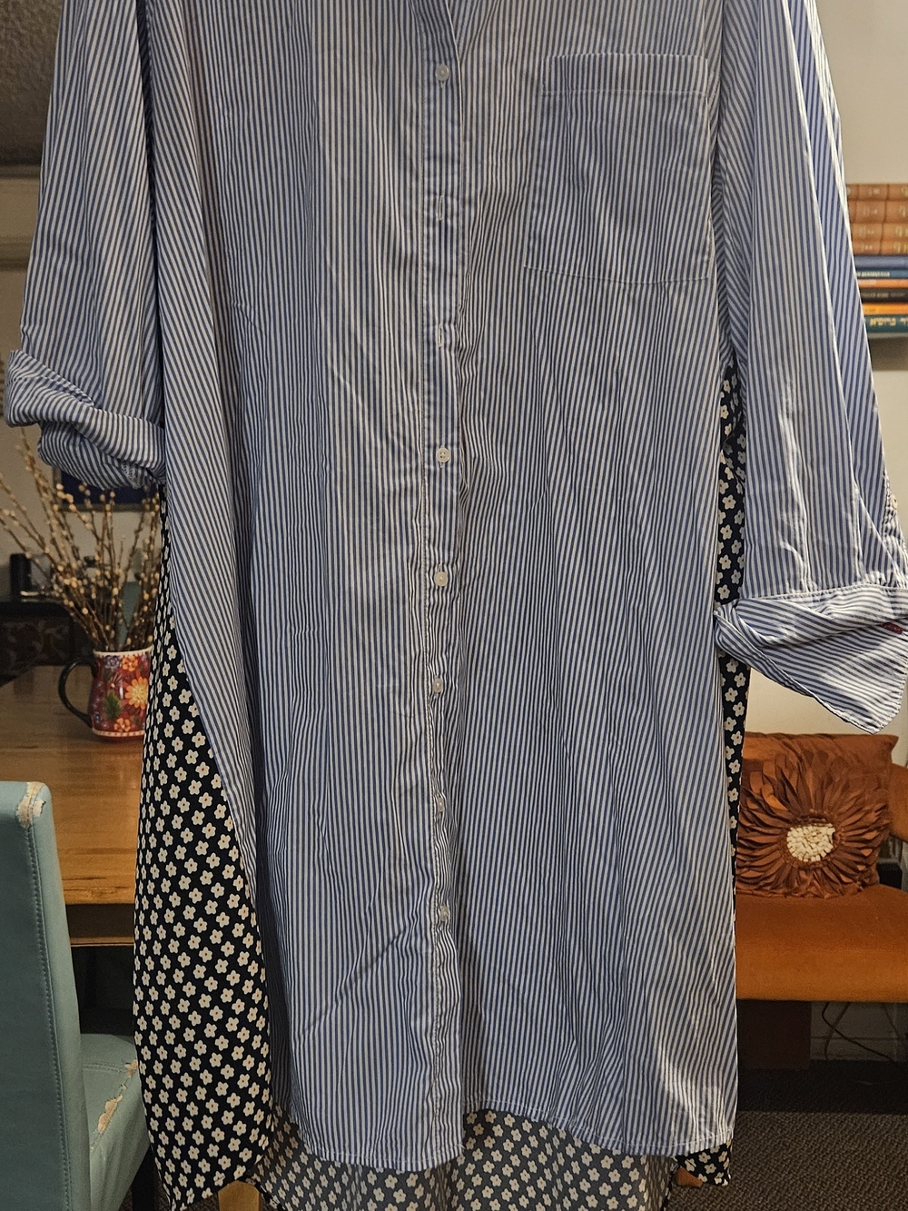 Tommy Hilfiger Blue and White Striped Shirt Dress with Floral Trim